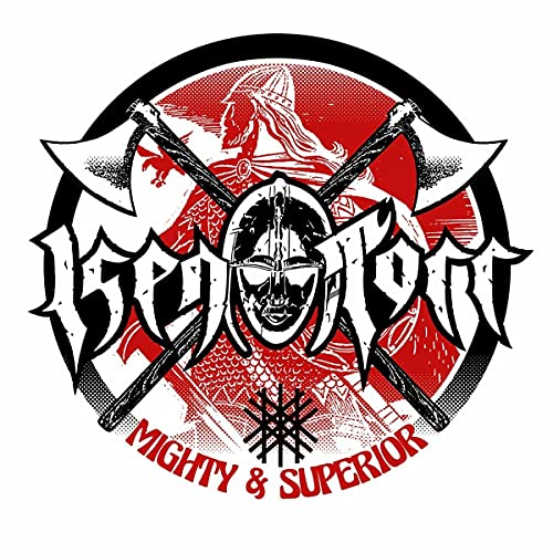Black and red circular album art featuring a Viking helmet and crossed axes.