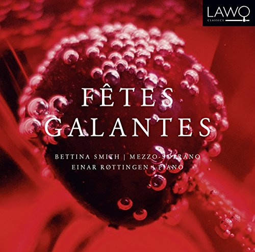 Red album cover with white text "Fêtes Galantes" and a close-up of a red flower.