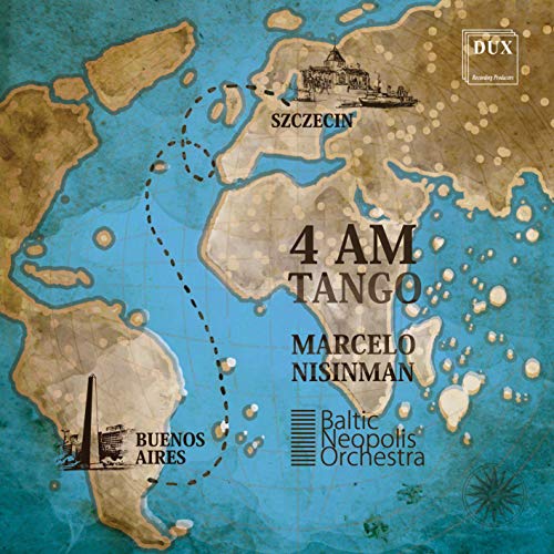A map with "4 AM Tango" text and city illustrations, on a blue background.