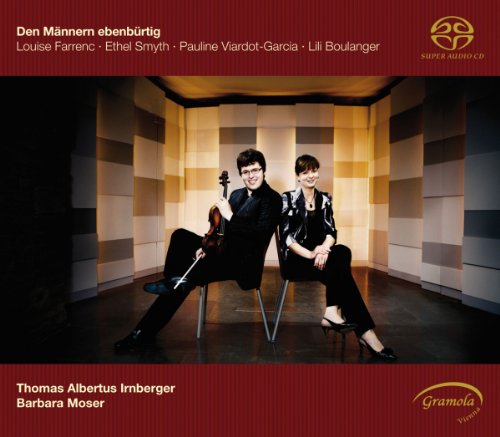 "CD cover with two women sitting in chairs, one holding a violin."