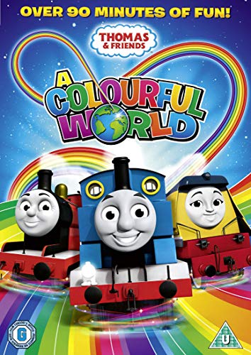 DVD cover featuring three cartoon trains on a rainbow background with "A Colourful World" title.