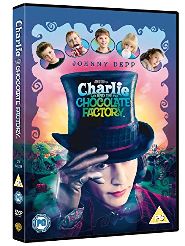 Johnny Depp as Willy Wonka wearing a top hat against a pink lollipop background.