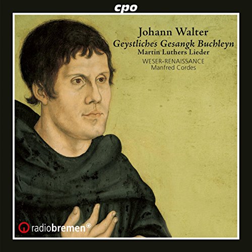 "CD cover featuring a portrait of Johann Walter against a yellow background."