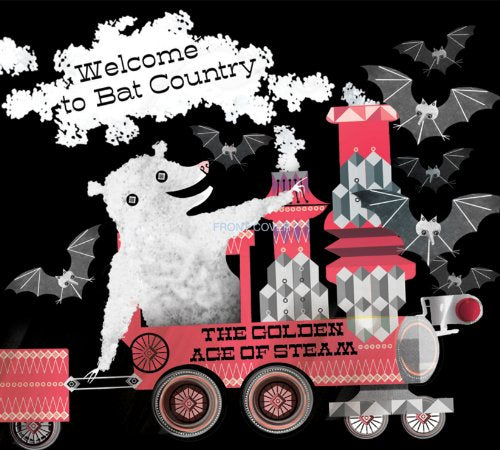 "Album cover art: white bear on red train with bats, against a black background."
