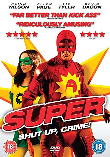 Super" DVD cover featuring two masked figures in red and green costumes.