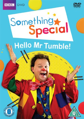 Mr Tumble from "Something Special" smiles on a bright blue DVD cover.