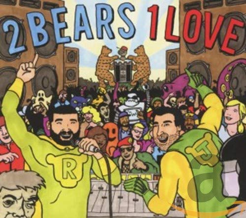 Cartoon album cover featuring two men performing to a cheering crowd.