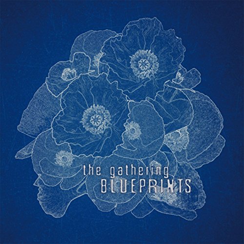 White line drawing of poppies on a blue background with the text The Gathering Blueprints.