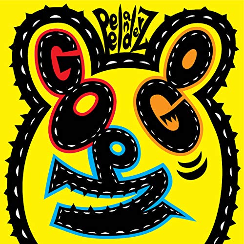 A cartoon bear face on a yellow background with black, red, blue, and orange details.