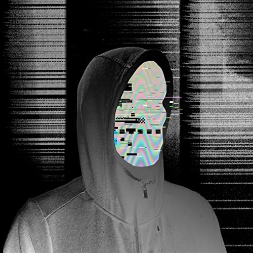 Hooded figure with a distorted, glitched face against a striped background.