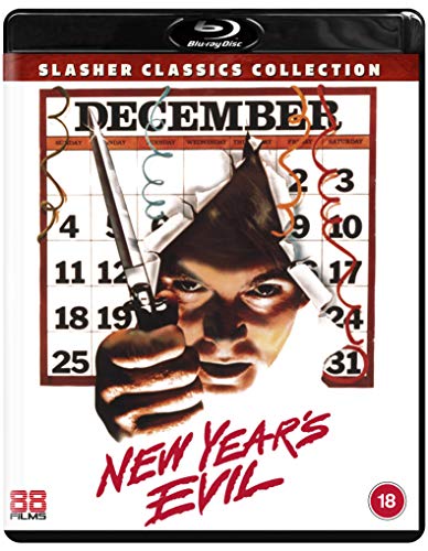 New Year's Evil Blu-ray cover featuring a man’s face and a torn calendar.