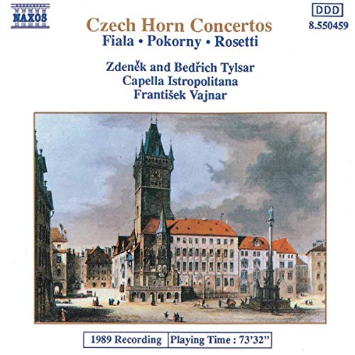 CD cover: Czech Horn Concertos by Tylsar, featuring a Prague cityscape.