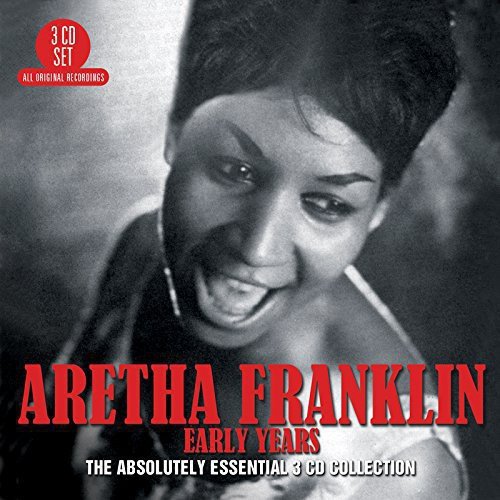 Black and white image of Aretha Franklin with red and white text overlay.