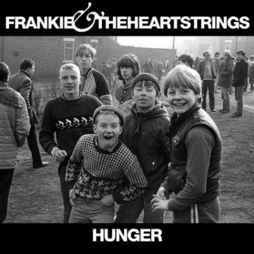 "Black and white album cover with boys in a crowd, 'Frankie & The Heartstrings - Hunger'."