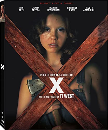 Blu-ray cover for horror film “X” featuring a woman with an axe.