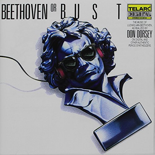 A blue bust of Beethoven wearing headphones, with a CD below, on a white background.