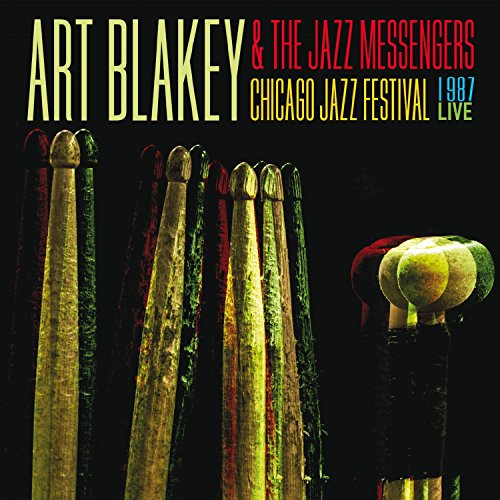 "CD cover with drumsticks and cymbals, Art Blakey's name in green and red text."