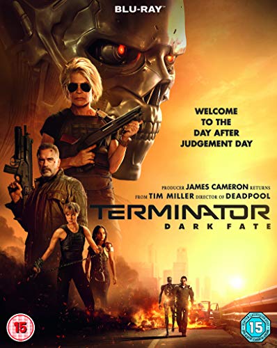 "Blu-ray cover for 'Terminator: Dark Fate' featuring characters and a robotic face."