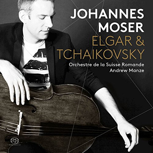 Black and white image of a man holding a cello, with text overlay on a dark background.