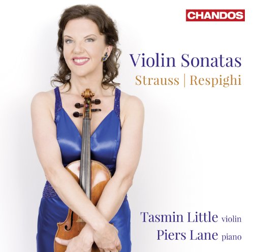 Woman in blue dress holding violin, white background, text "Violin Sonatas" and artist names.