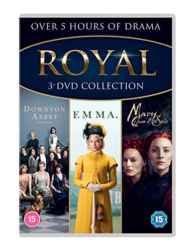 DVD case with three period dramas: Downton Abbey, Emma, and Mary Queen of Scots.