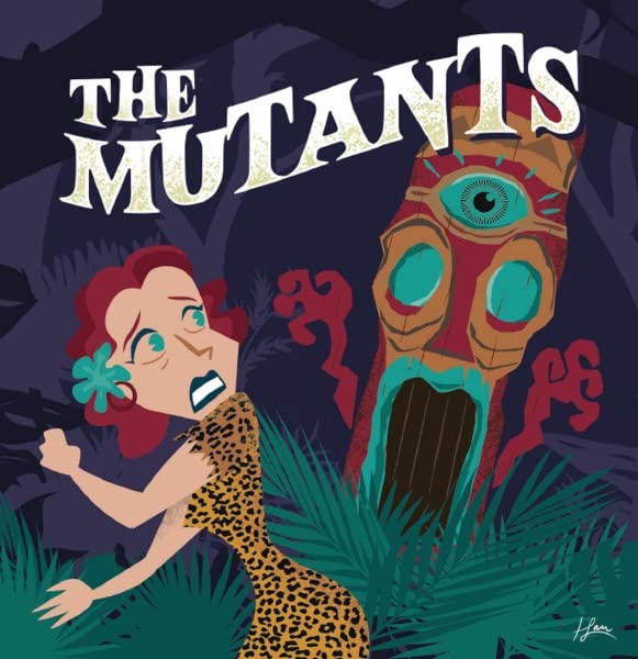 Cartoon woman in leopard print looks scared near a tiki statue.
