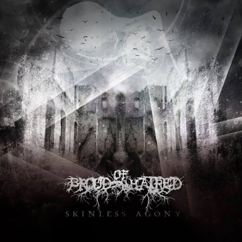 "Album cover with dark, gothic church scene and 'Brood of Hatred' text."