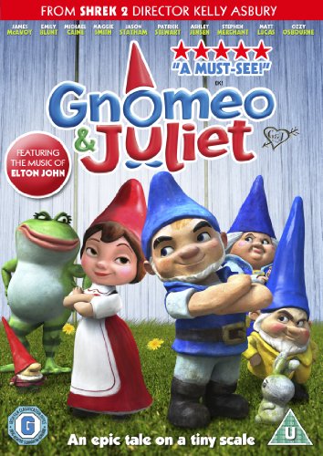 DVD cover for "Gnomeo & Juliet" featuring garden gnomes and a frog.