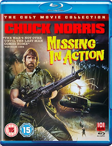"Blu-ray case with Chuck Norris holding a gun, titled 'Missing In Action'."