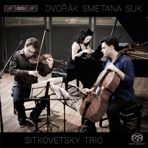 "CD cover featuring three musicians playing violin, piano, and cello together in a studio."