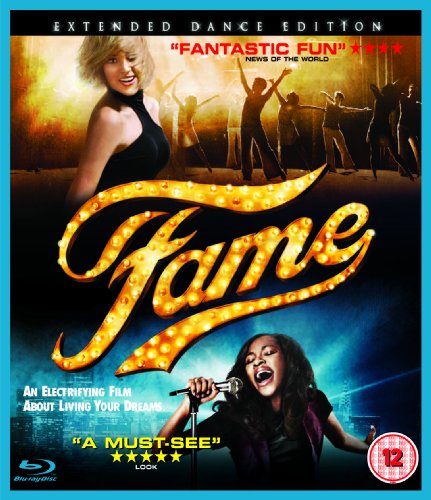 Fame" Blu-ray cover featuring dancers and a singer with illuminated title.