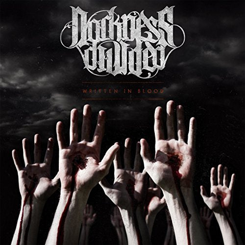 "Album cover with bloody hands reaching up, gothic text, and dark cloudy background."