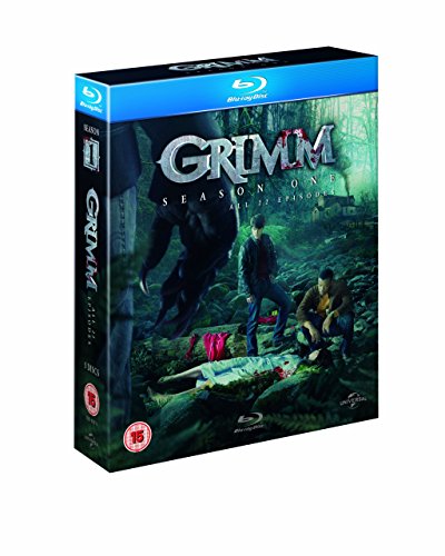 "Blu-ray box set for Grimm Season 1, featuring a dark forest scene with characters."
