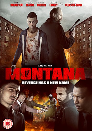 DVD cover for "Montana" featuring actors with guns, fiery background.