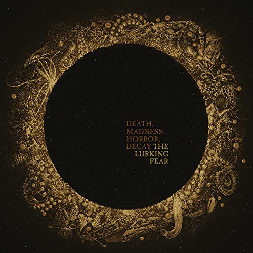 Dark CD cover with ornate gold border and central black void.