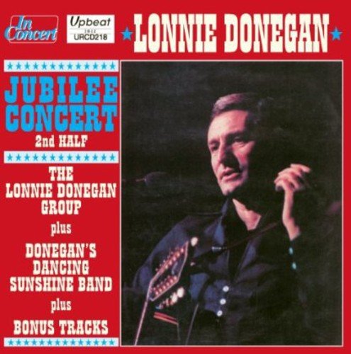 "Red album cover with Lonnie Donegan holding a microphone, wearing a dark shirt."