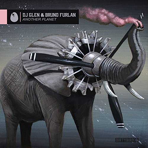 Gray elephant with a jet engine and propeller on its trunk.