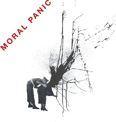 A black-and-white image of a man and woman with "MORAL PANIC" written in red.