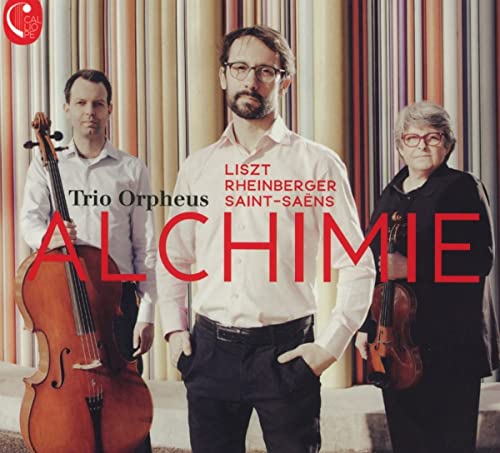 Classical music trio with cello, violin, and colorful striped background.