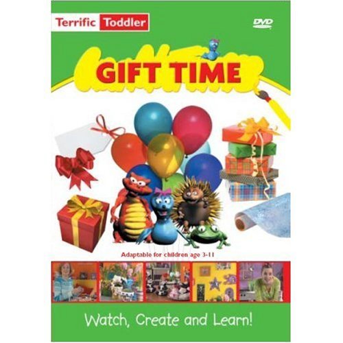 "Terrific Toddler Gift Time" DVD cover featuring cartoon characters, balloons, and wrapped gifts on a green background.