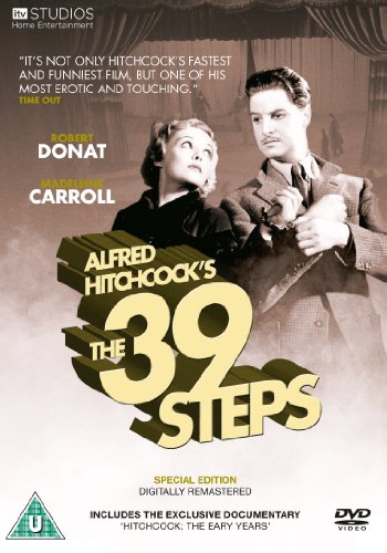 DVD cover for Alfred Hitchcock's The 39 Steps featuring Robert Donat and Madeleine Carroll.