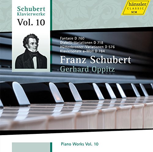 "CD cover with piano keys and portrait of Franz Schubert."