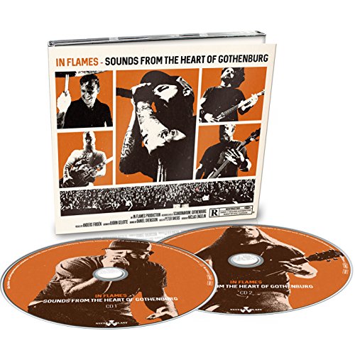 "CD cover featuring black and white images of band members performing on an orange background."