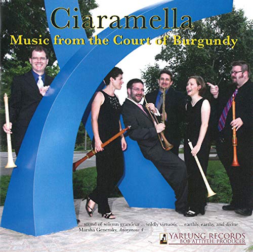CD cover: six musicians with early wind instruments before a blue sculpture.