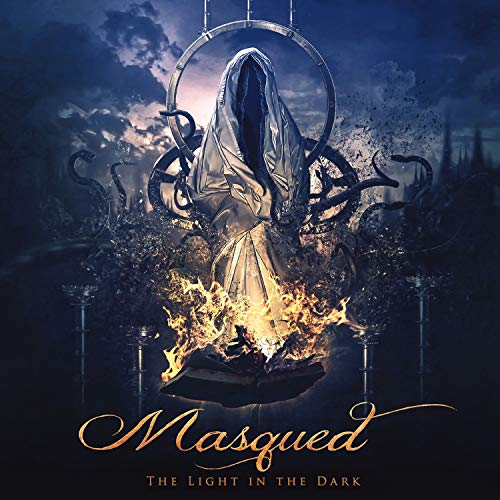 Hooded figure surrounded by fire and swirling dark tendrils, album cover.