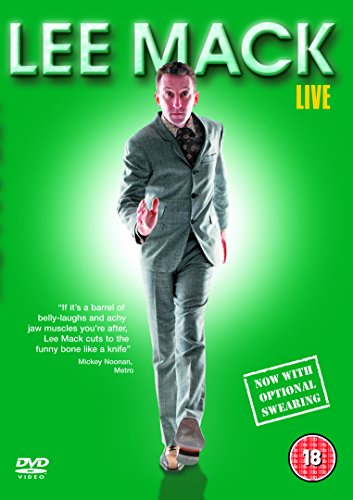 Lee Mack in a grey suit on a green background, DVD cover.