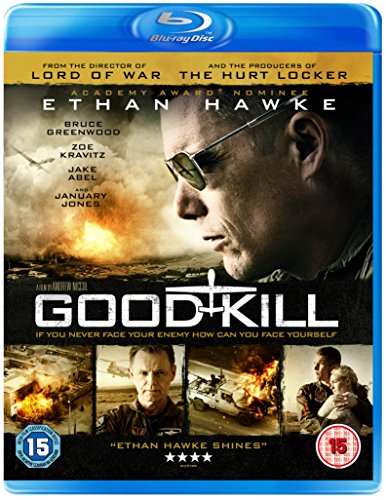 "Blu-ray case with 'Good Kill' cover art featuring Ethan Hawke and war scenes."
