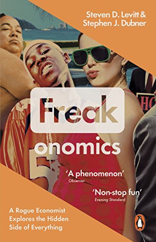 The image shows the cover of "Freakonomics" book with three smiling people and orange background.