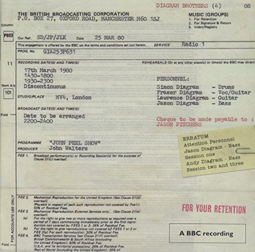 A BBC recording form for "Diagram Brothers" on aged paper, with typed and handwritten details.