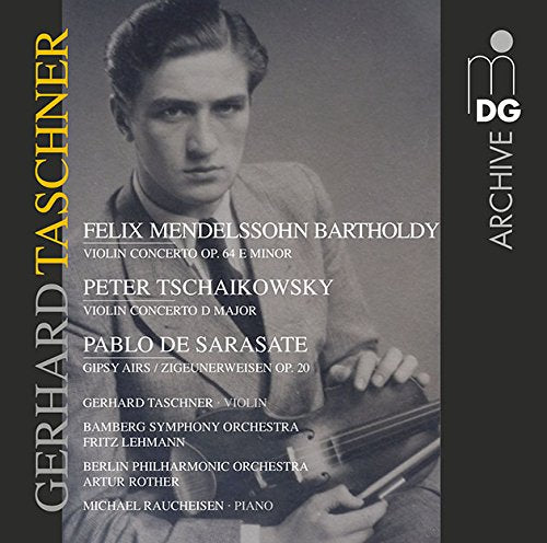 "CD cover featuring a man holding a violin, with text listing musical compositions."